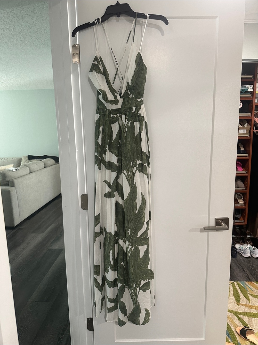 Green Leaf-Print Maxi Dress with Strappy Back
